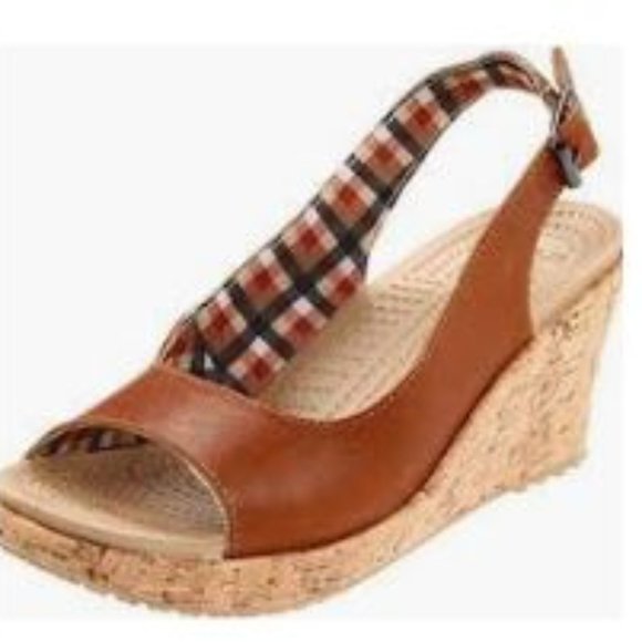 CROCS Shoes - Crocs A-Leigh Mini Wedge Tan Leather Sandals 7